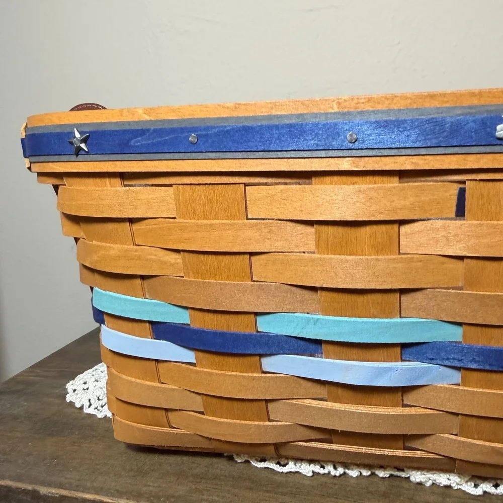 Longaberger Woven Wood Basket Leather Blue Handles Plastic Liner 17